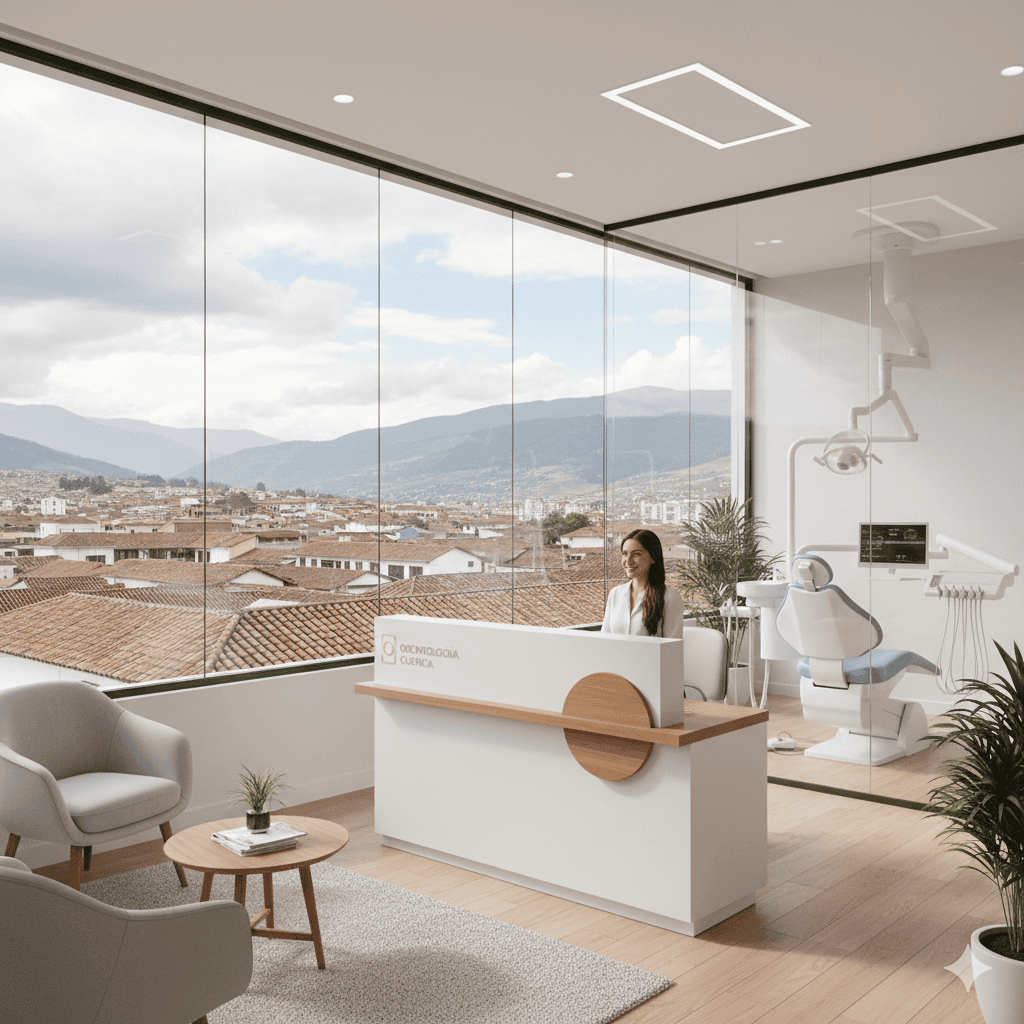 A modern, clean dental office in Cuenca with a view of the city